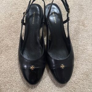 Tory Burch black cap toe slingback heels